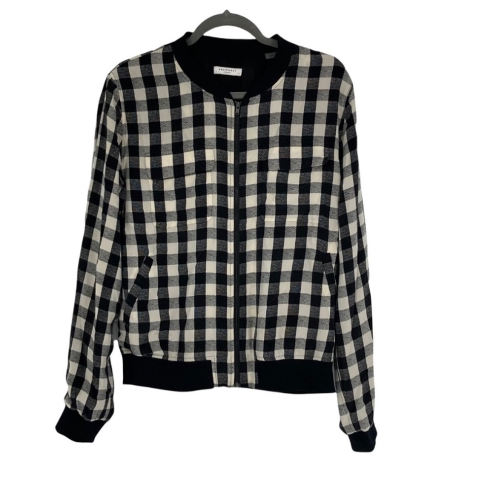 Equipment Femme XS Black & Cream Colored Checked Silk Aviator Bomber Jacket